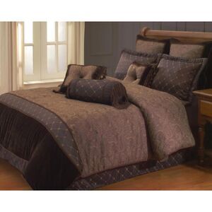 King Size Brown Damask Bed in a Bag Comforter Set NIP Shams Bed Skirt Pillows